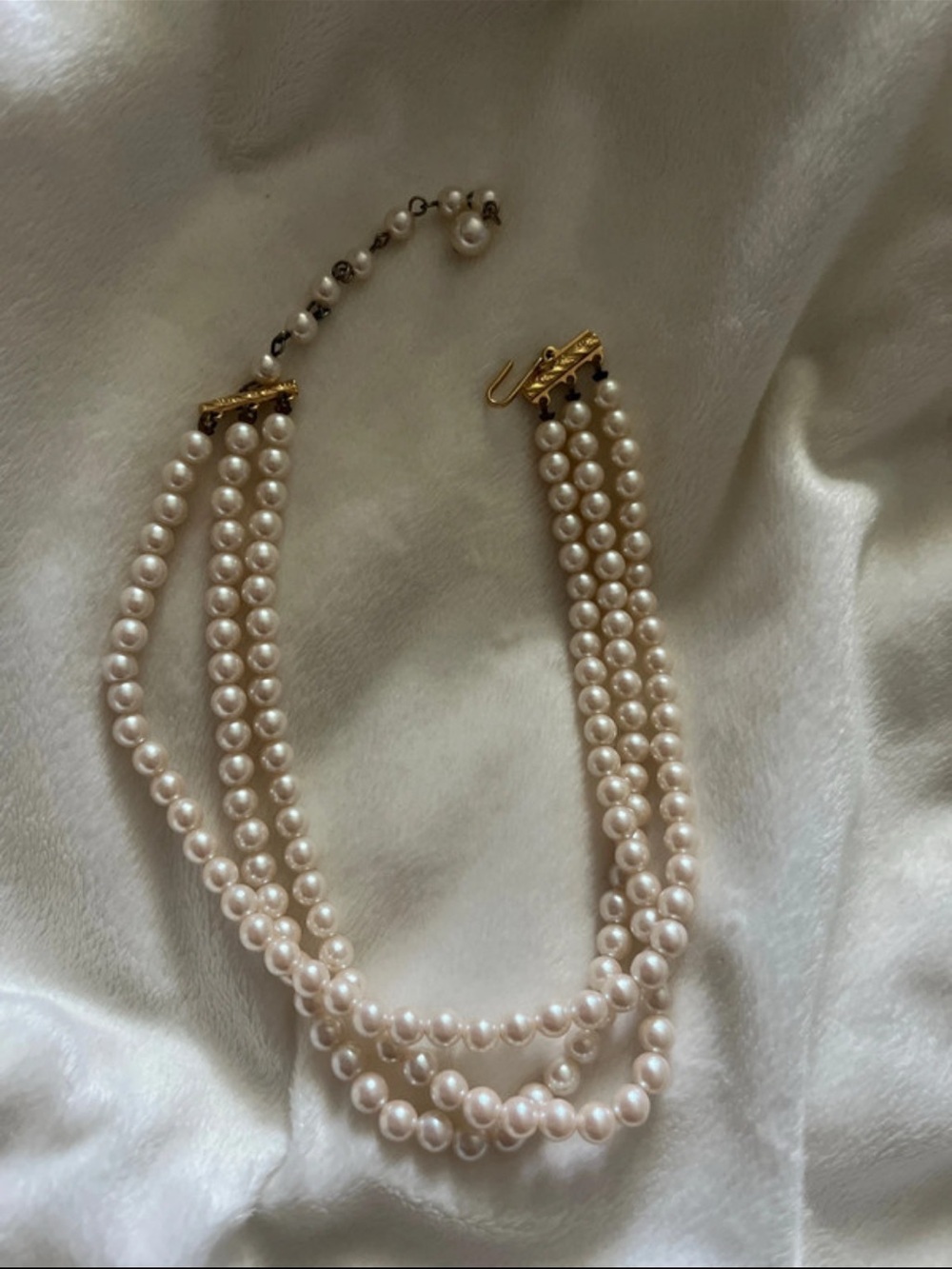 Classic Triple Strand Pearl Necklace in White with Gold Accents